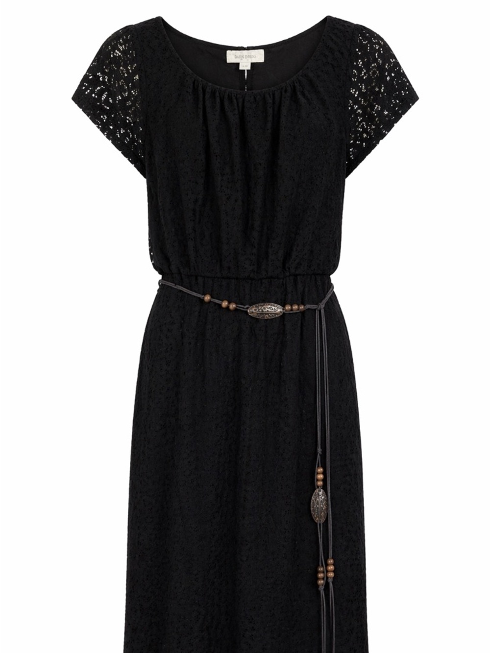 Black Lace Short-Sleeve Dress with Beaded Belt